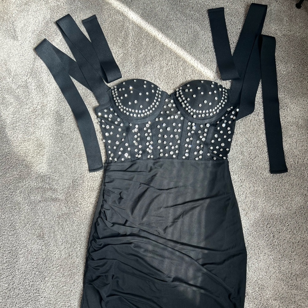 Black Strapless Embellished Ruched Dress